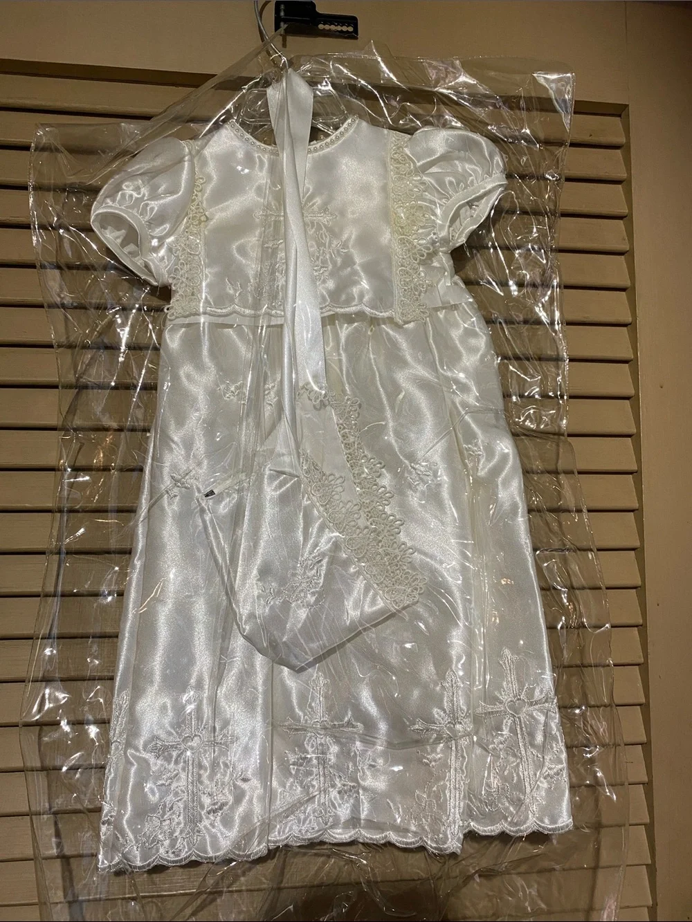 Ivory Satin  Girl Dress with Lace Trim and hat